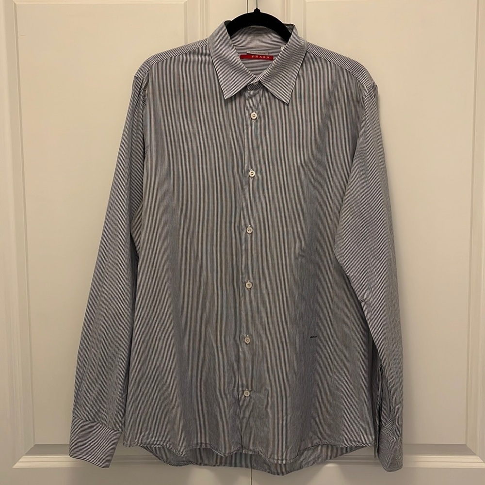 Prada Blue & White Striped Button Down Shirt, 100% Cotton